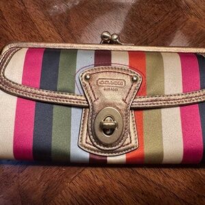 Coach Legacy Stripe Envelope Wallet Gold Leather Satin Multi Kisslock Rare Y2K